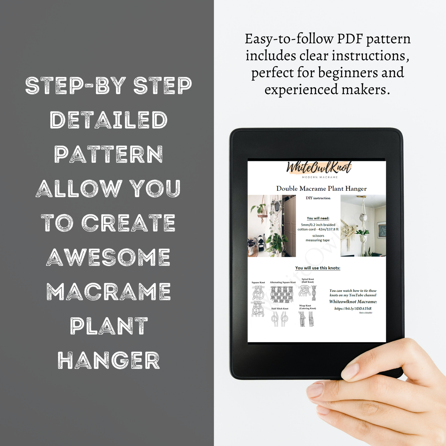 Hand holding a tablet displaying a PDF pattern for a macrame plant hanger with text about the pattern's features.