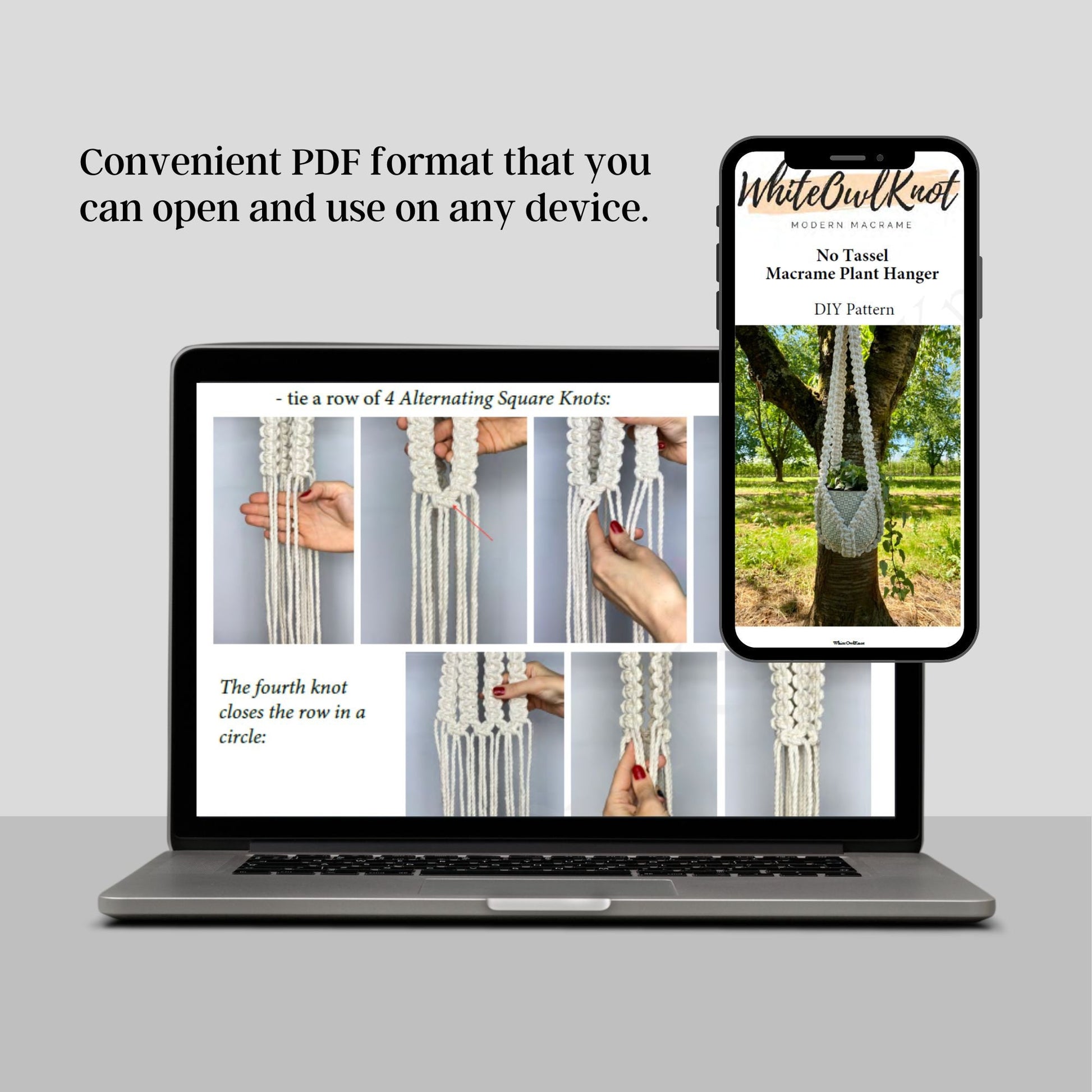 Laptop displaying a PDF of a macrame plant hanger pattern with a smartphone showing the same content.