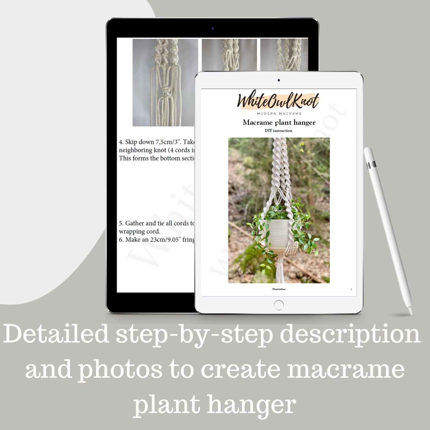 Two tablets displaying a macrame plant hanger tutorial with text and images.