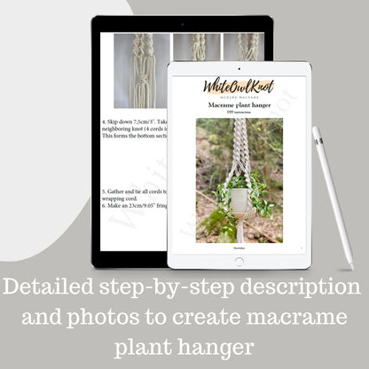 Two tablets displaying a macrame plant hanger tutorial with text and images.
