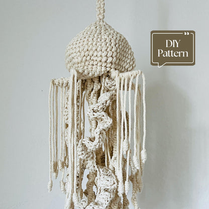 Macrame hanging decor Jellyfish with 'DIY Pattern' text on a plain background