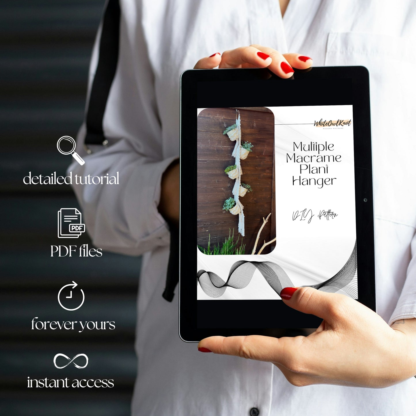 Person holding a tablet with a digital product on the screen, featuring text about a tutorial and PDF files.