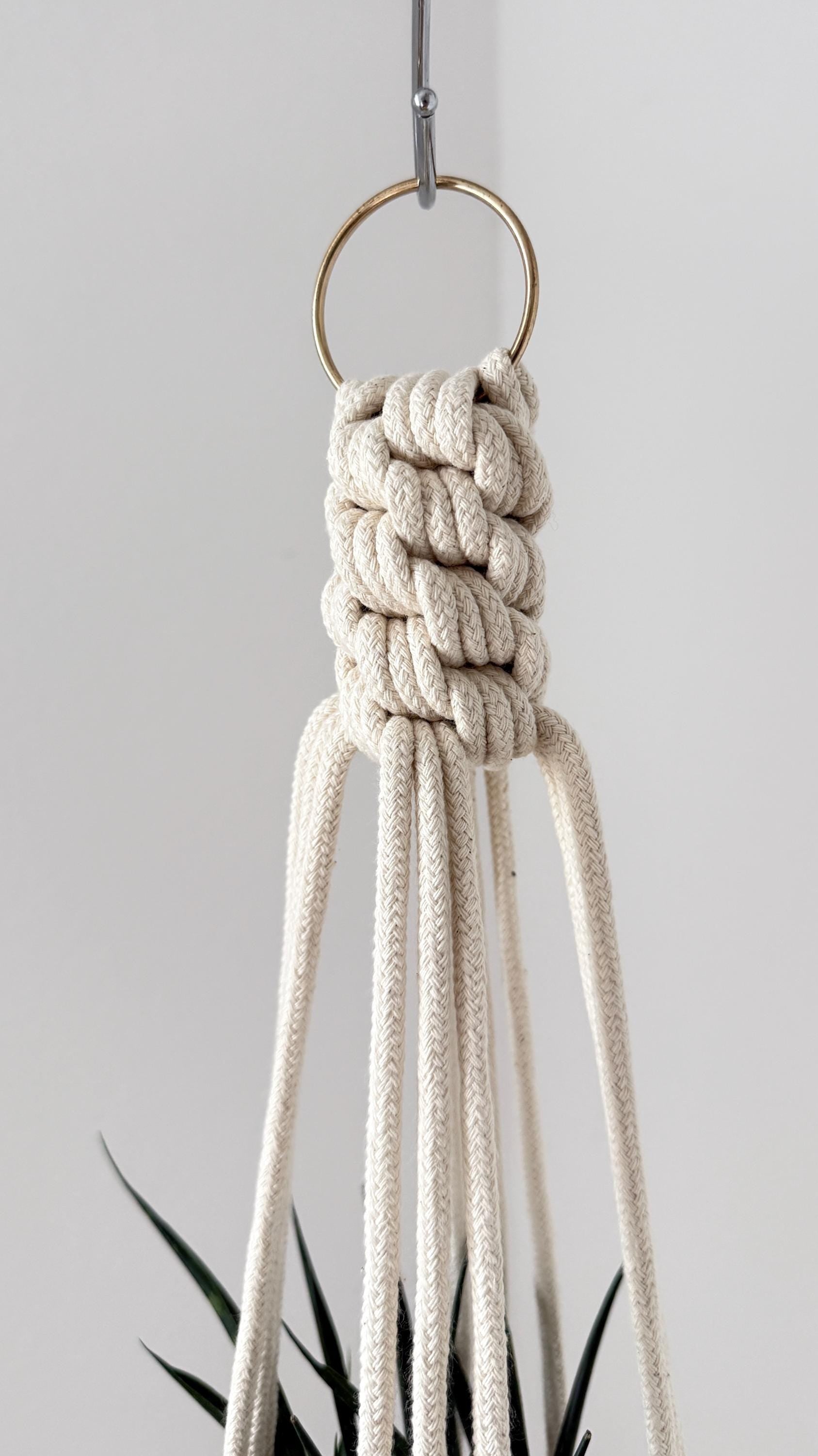 Macrame plant hanger with a knot against a plain background