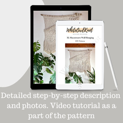 Tablet displaying a DIY macrame wall hanging pattern with plants in the background