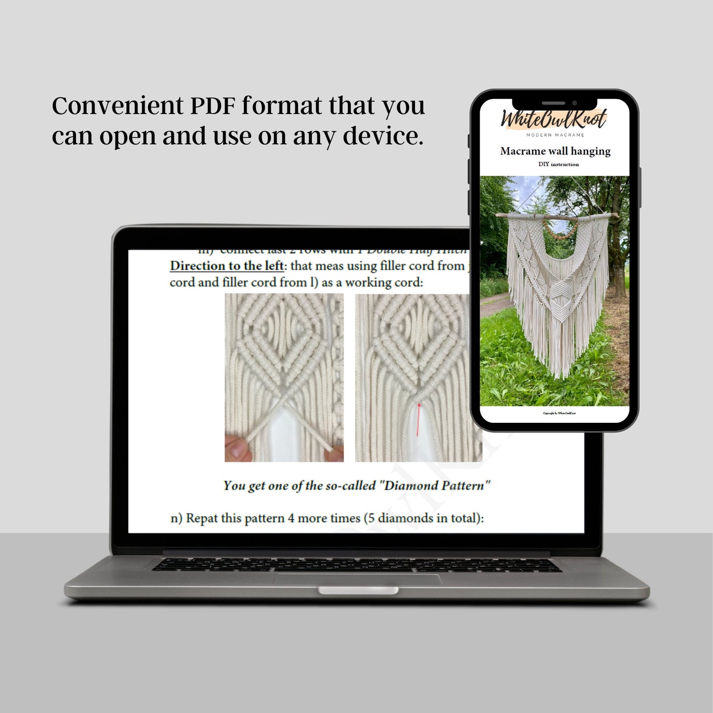 Laptop displaying a PDF with macrame patterns and a completed macrame wall hanging.