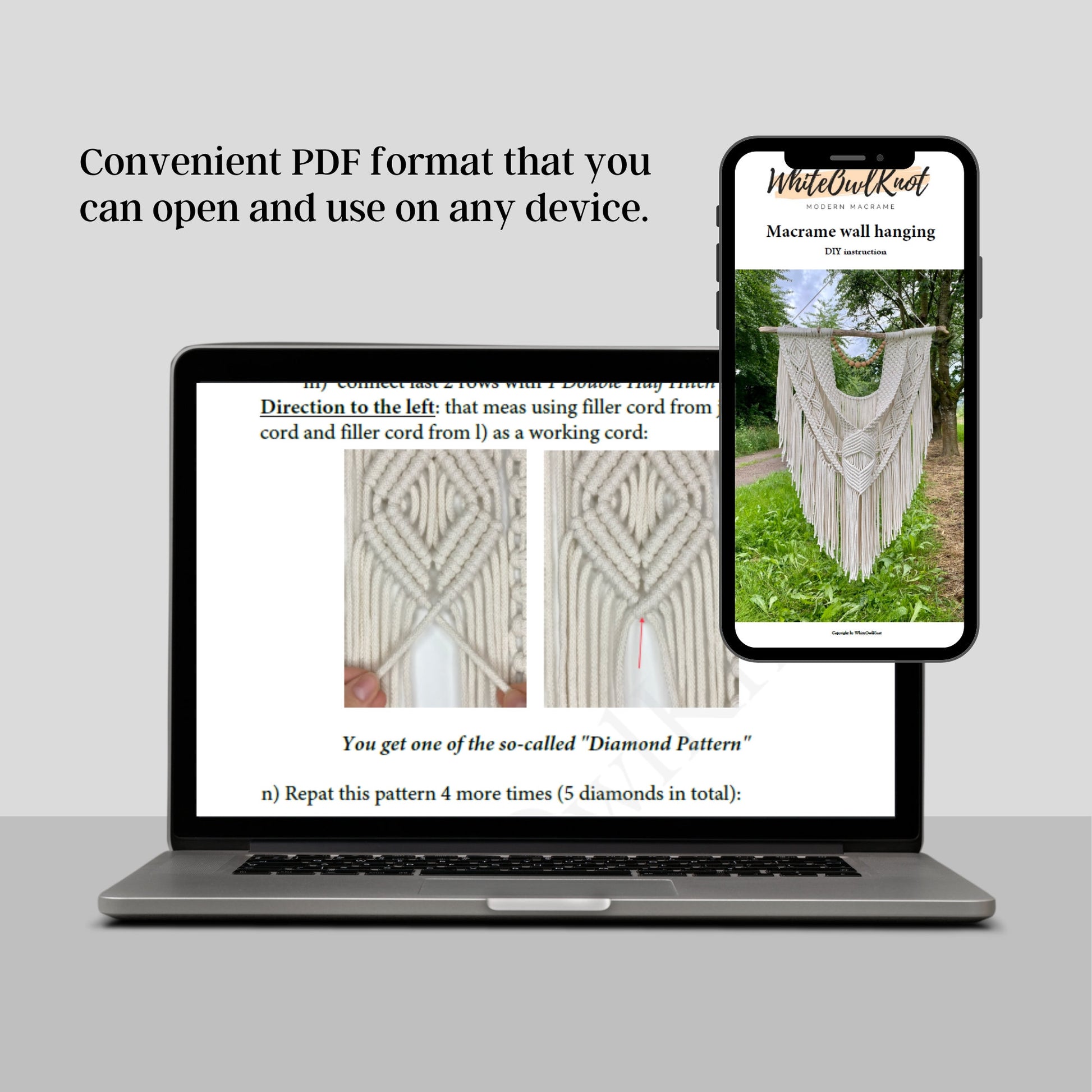 Laptop displaying a PDF with macrame patterns and a completed macrame wall hanging.