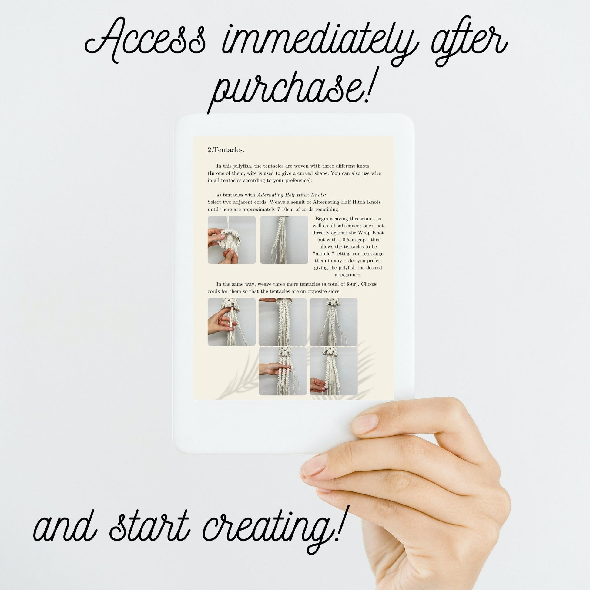 Hand holding a white card with text and images on a light gray background