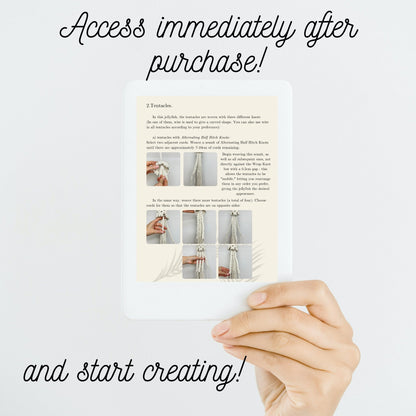 Hand holding a white card with text and images on a light gray background