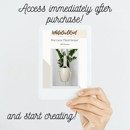 Hand holding a pattern leaflet with text 'Access immediately after purchase! and start creating!' on a white background.