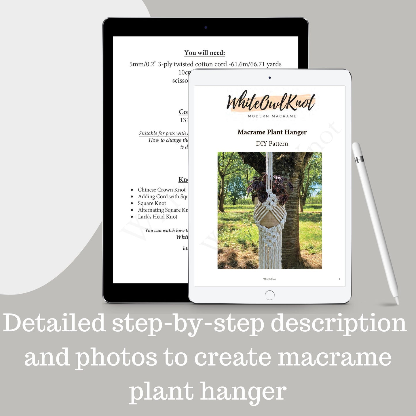 Tablet displaying a macrame plant hanger DIY pattern with text and an image of a person using the pattern.