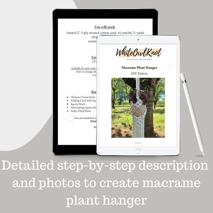 Tablet displaying a macrame plant hanger DIY pattern with text and an image of a person using the pattern.
