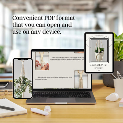 Laptop, phone, and tablet displaying a PDF on a desk with a blurred office background.