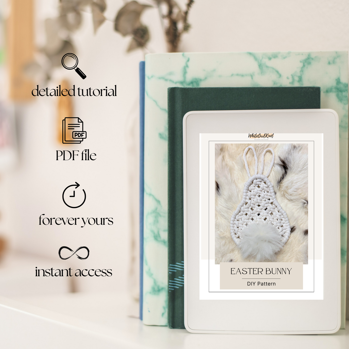 Product packaging with a digital download card featuring an Easter bunny design on a marble surface.