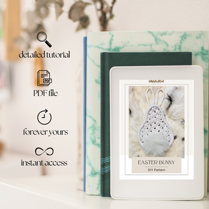Product packaging with a digital download card featuring an Easter bunny design on a marble surface.