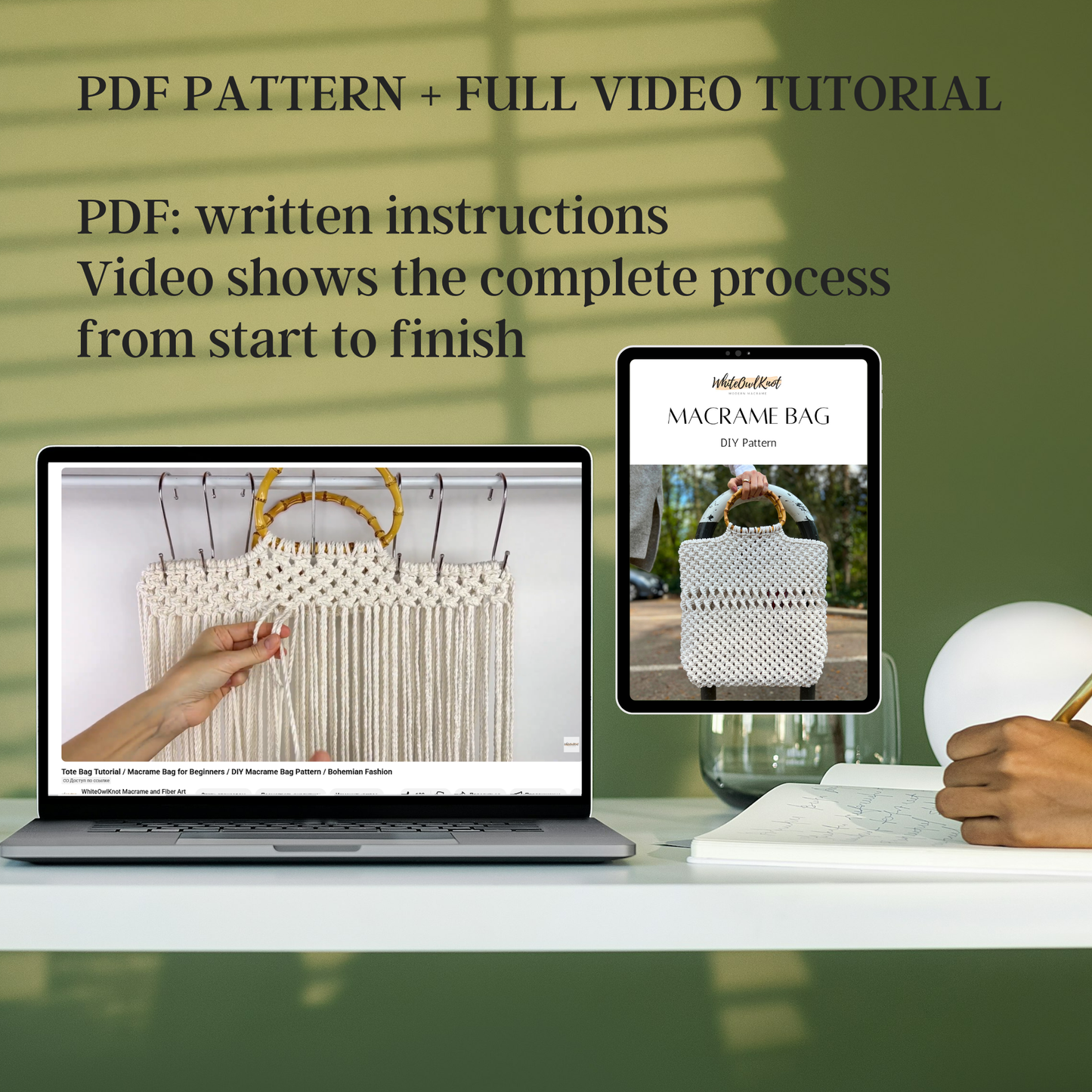 Laptop displaying a macrame bag tutorial with a tablet showing a PDF pattern on a green background.