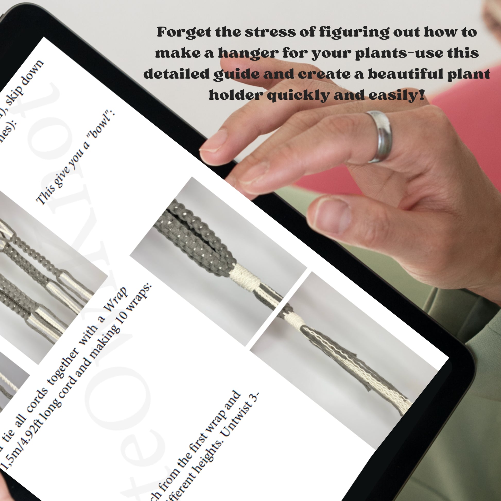 Hand using a tablet with a guide on screen, text overlay about plant hanger creation.