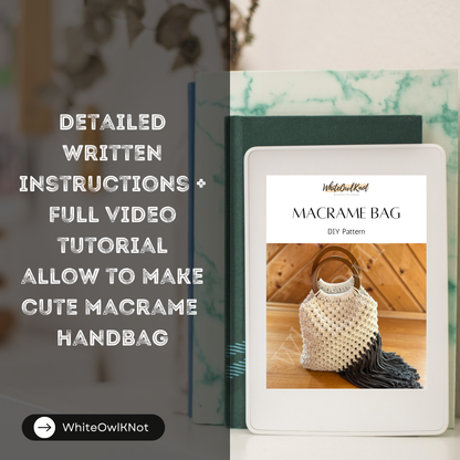 Macrame bag DIY pattern book with text about instructions and tutorial on a blurred background