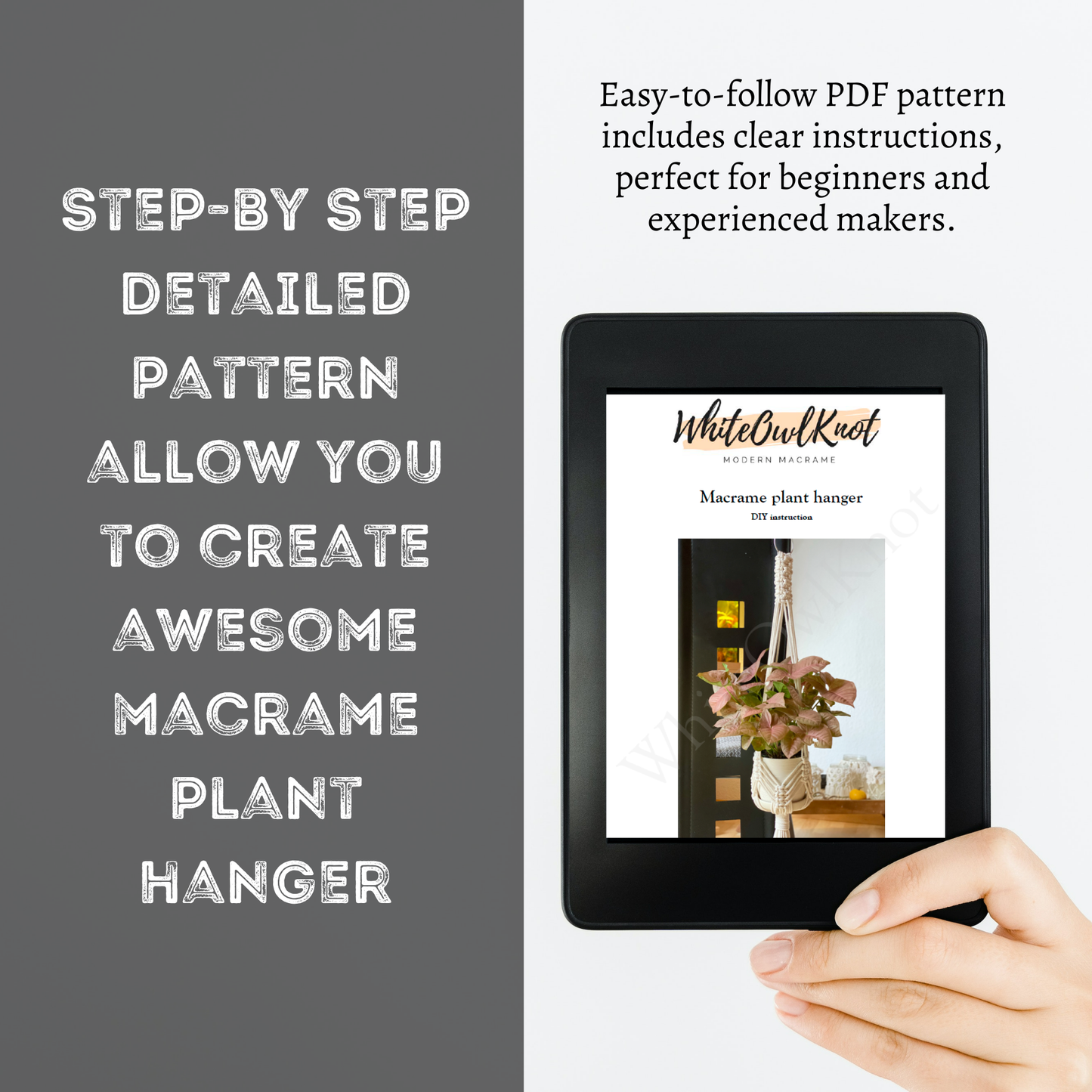 Hand holding a tablet displaying a Macrame plant hanger pattern with text about the PDF pattern.