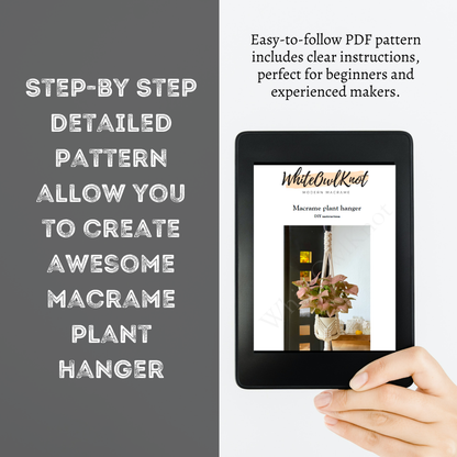 Hand holding a tablet displaying a Macrame plant hanger pattern with text about the PDF pattern.