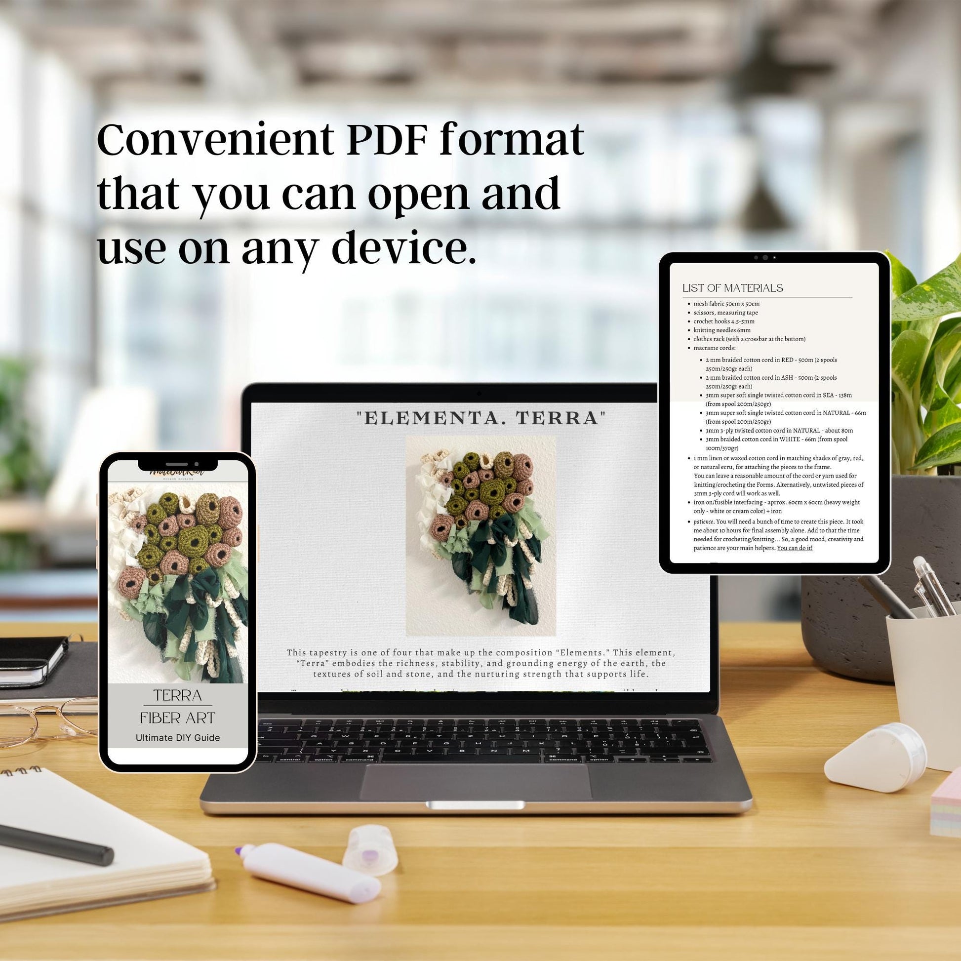 Laptop, tablet, and smartphone displaying a PDF on a desk with a blurred office background.