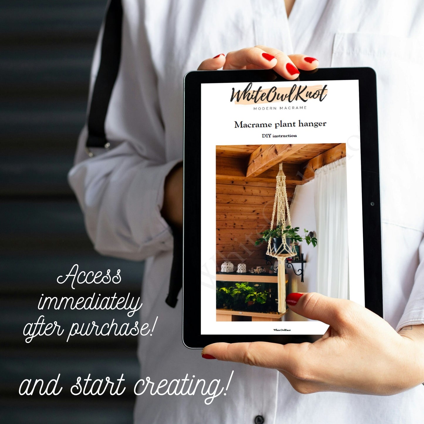 Person holding a tablet displaying a DIY macrame plant hanger tutorial with text overlay.