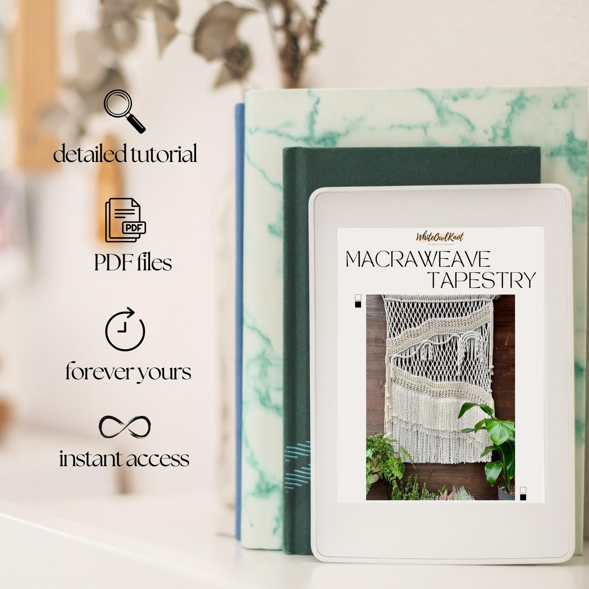 Digital book titled 'Macrameweave Tapestry' with a blurred background