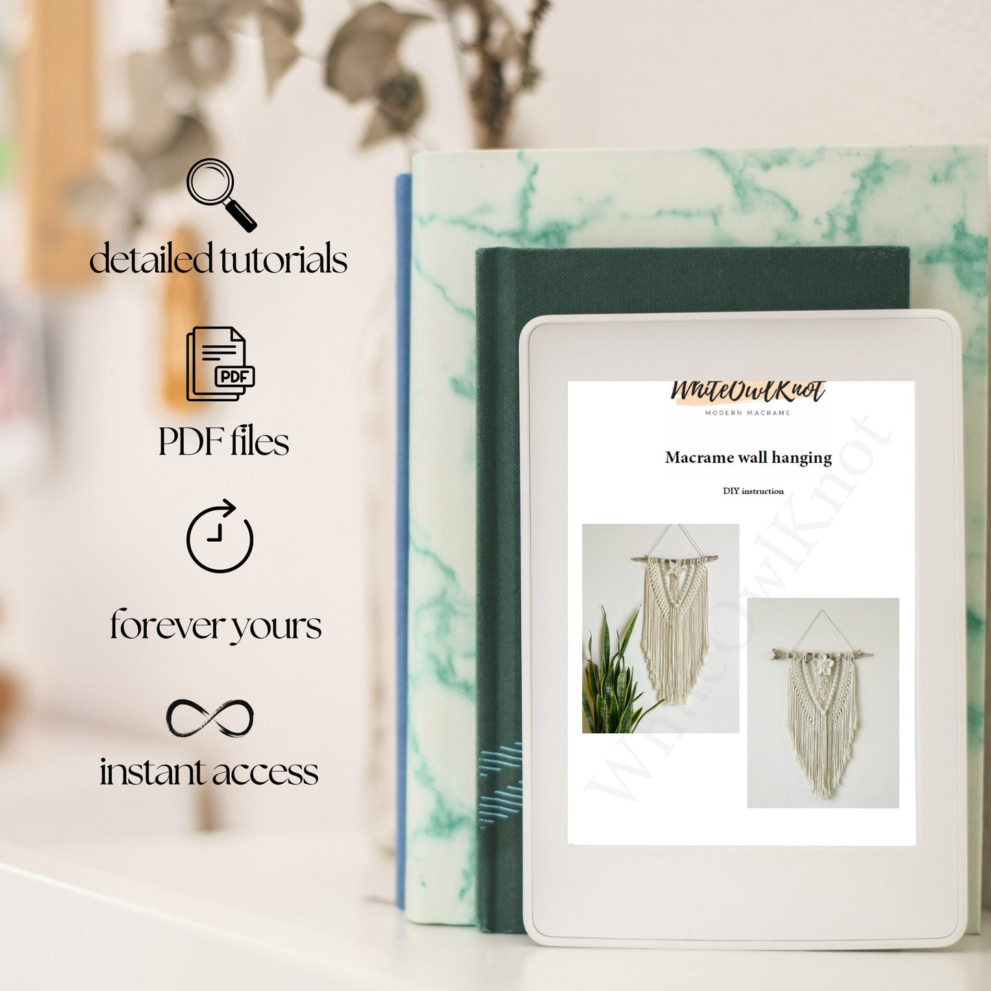 Digital product with PDF files and instant access on a screen, with marbled book and plant decor in the background.