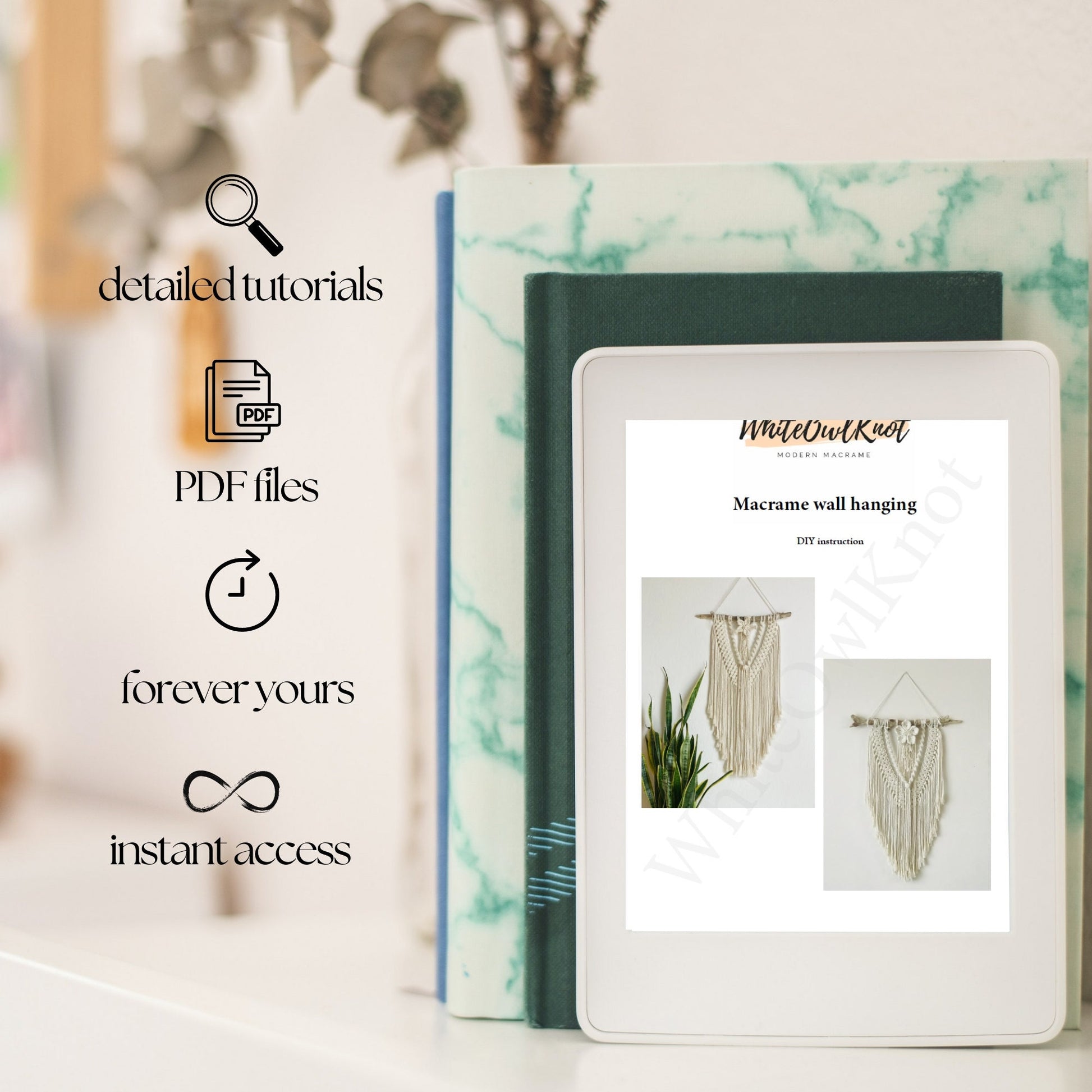 Digital product with PDF files and instant access on a screen, with marbled book and plant decor in the background.