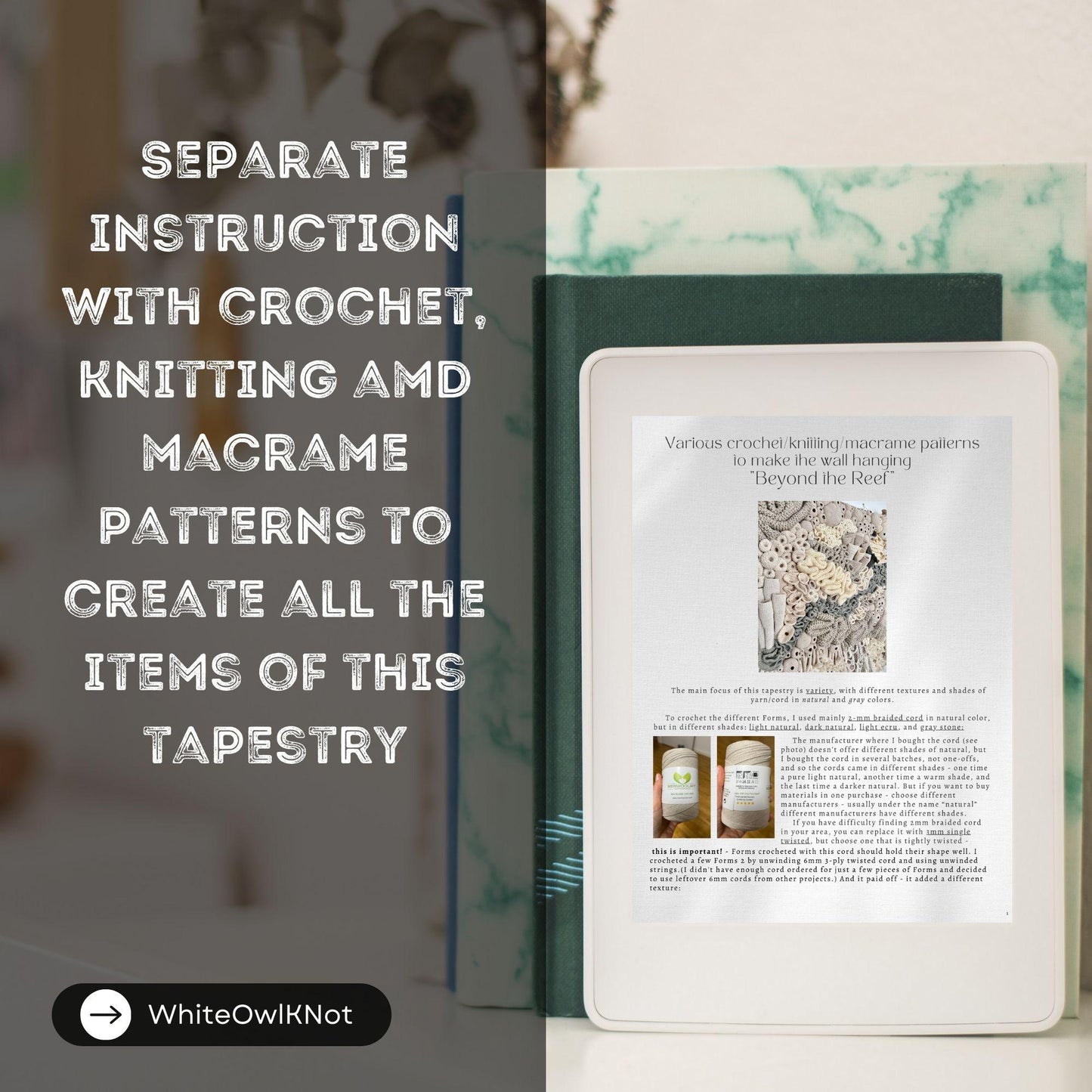 Book with tapestry pattern and text about crochet, knitting, and macrame patterns.