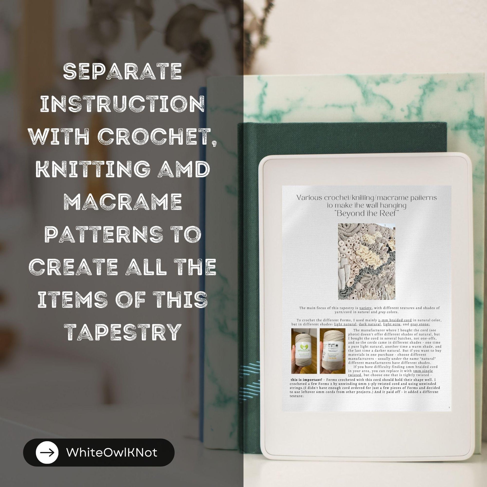 Book with tapestry pattern and text about crochet, knitting, and macrame patterns.