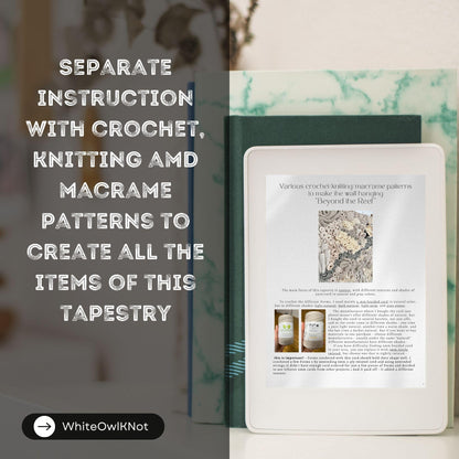Book with tapestry pattern and text about crochet, knitting, and macrame patterns.
