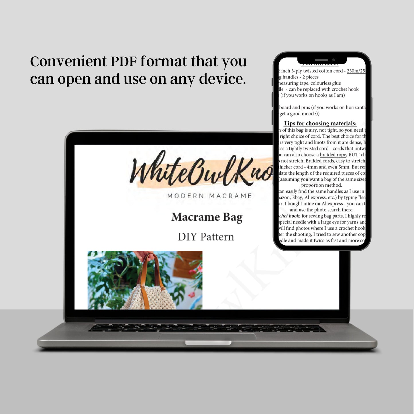 Laptop and smartphone displaying a PDF of a Macrame Bag DIY pattern from WhiteOwl Knowledge.