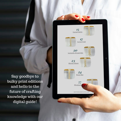 Person holding a tablet displaying a digital guide with macrame images.