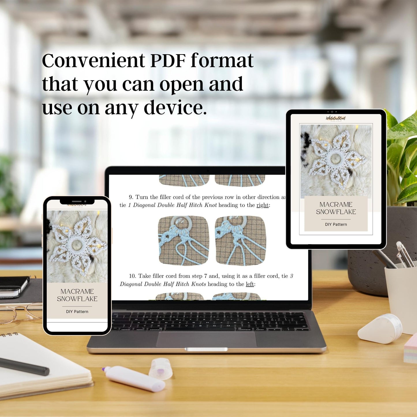 Digital devices displaying a macrame pattern on a desk with text about convenient PDF format.