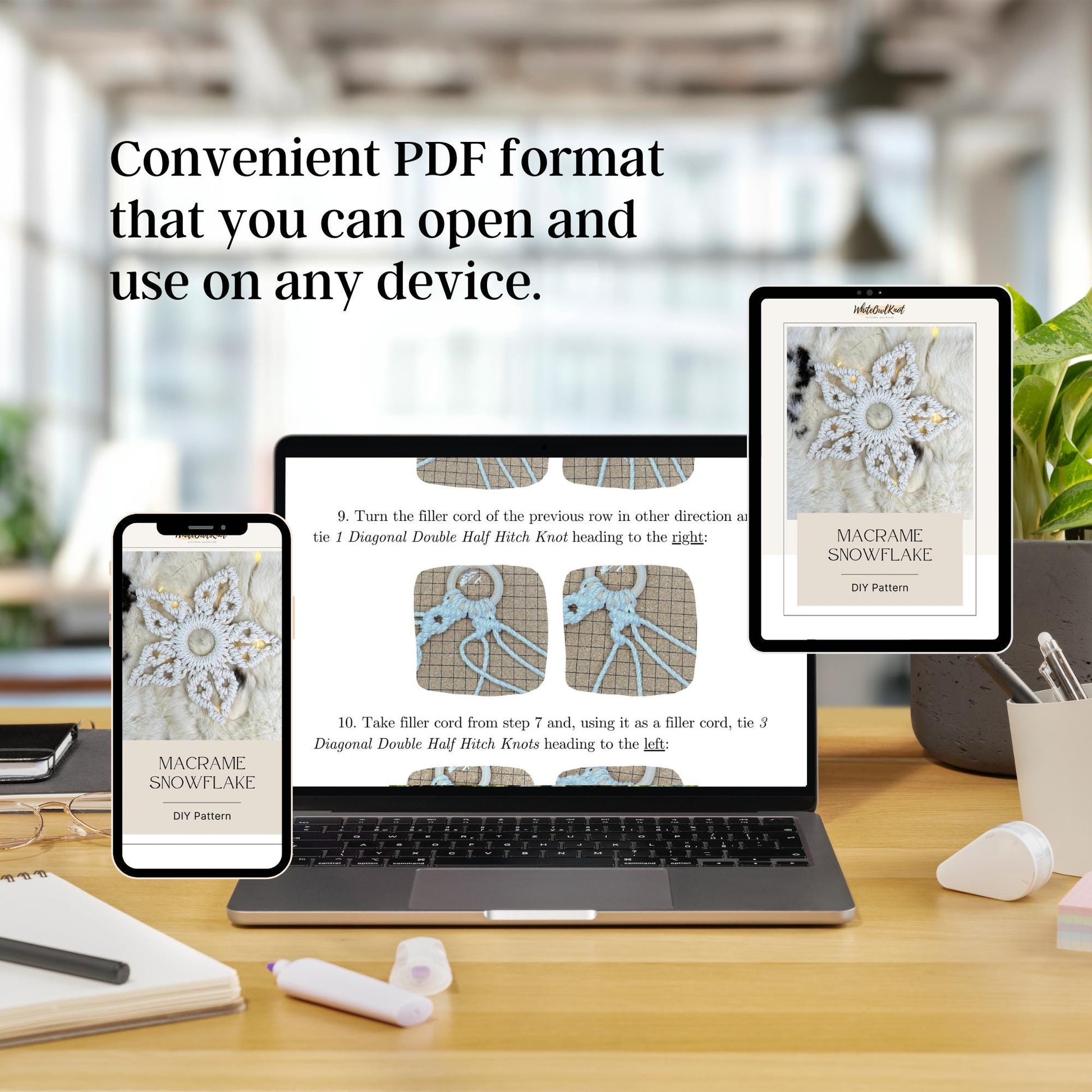 Digital devices displaying a macrame pattern on a desk with text about convenient PDF format.