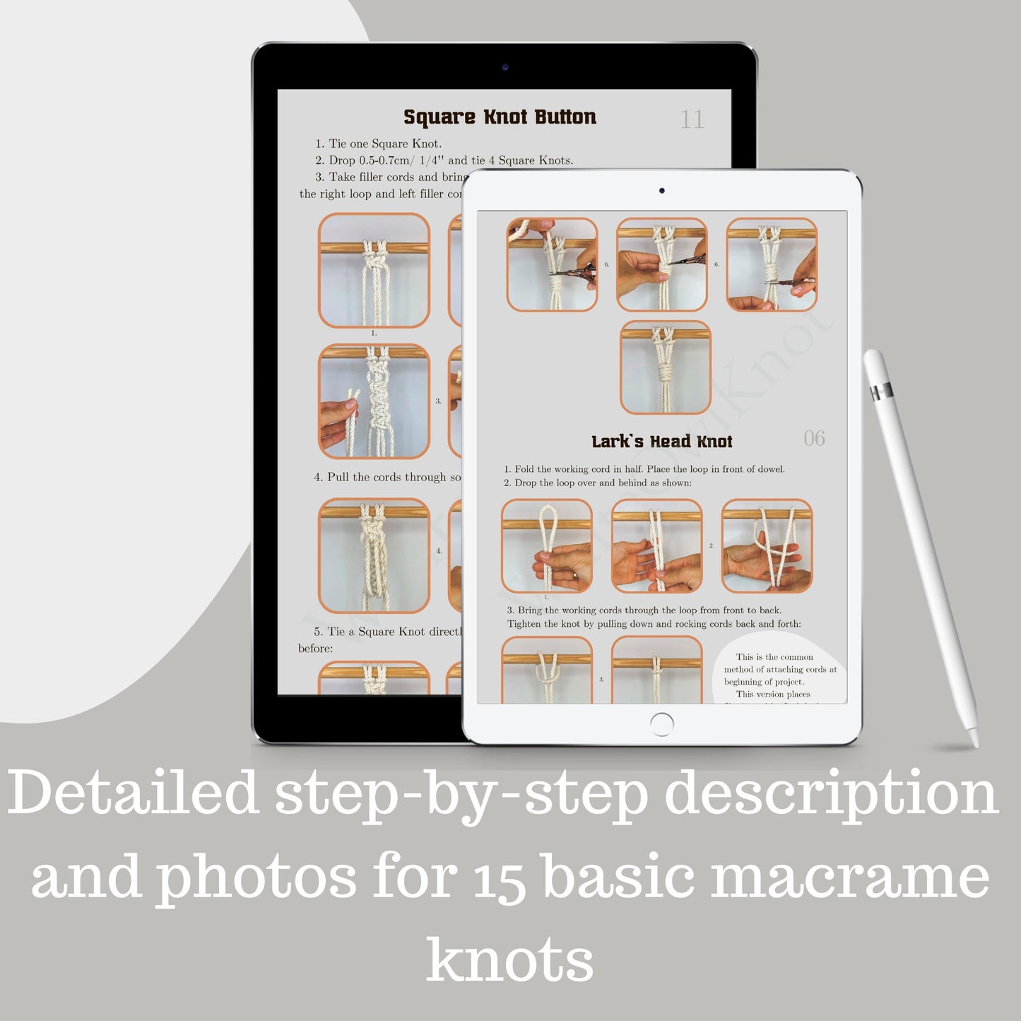 Two tablets displaying instructions for macrame knots on a light gray background