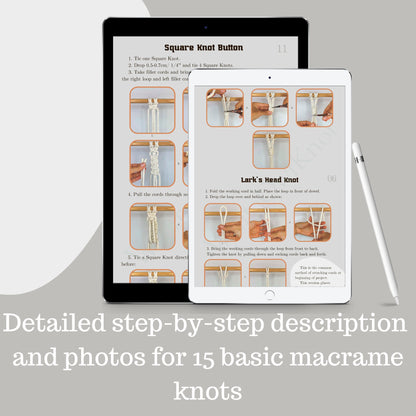 Two tablets displaying instructions for macrame knots on a light gray background