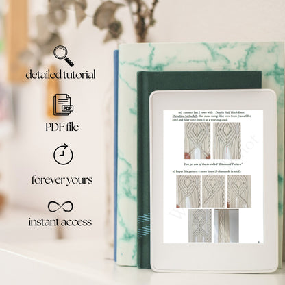 Digital book with knitting pattern on screen and text about a detailed tutorial and PDF file.