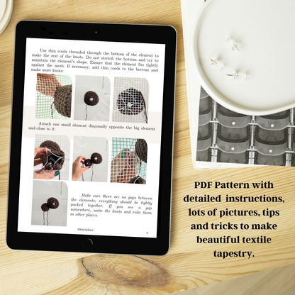 Tablet displaying a PDF pattern with instructions on textile tapestry on a wooden surface.