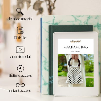 Macrame bag DIY pattern with digital resources on a white surface