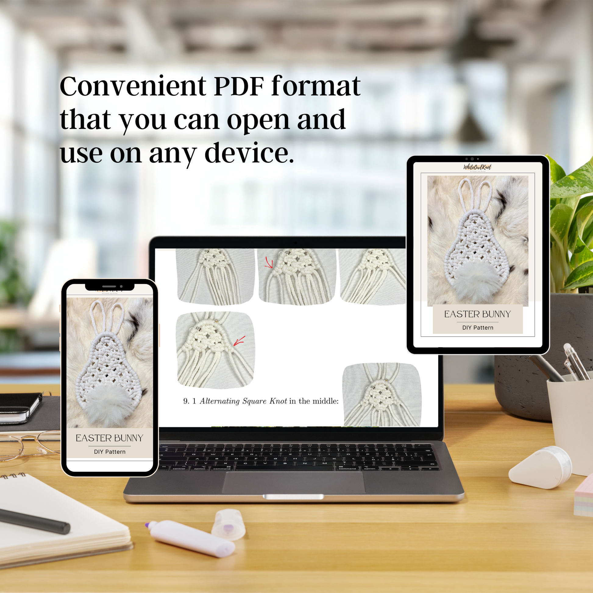 Laptop displaying an easter bunny knitting pattern on a desk with text about convenient PDF format.