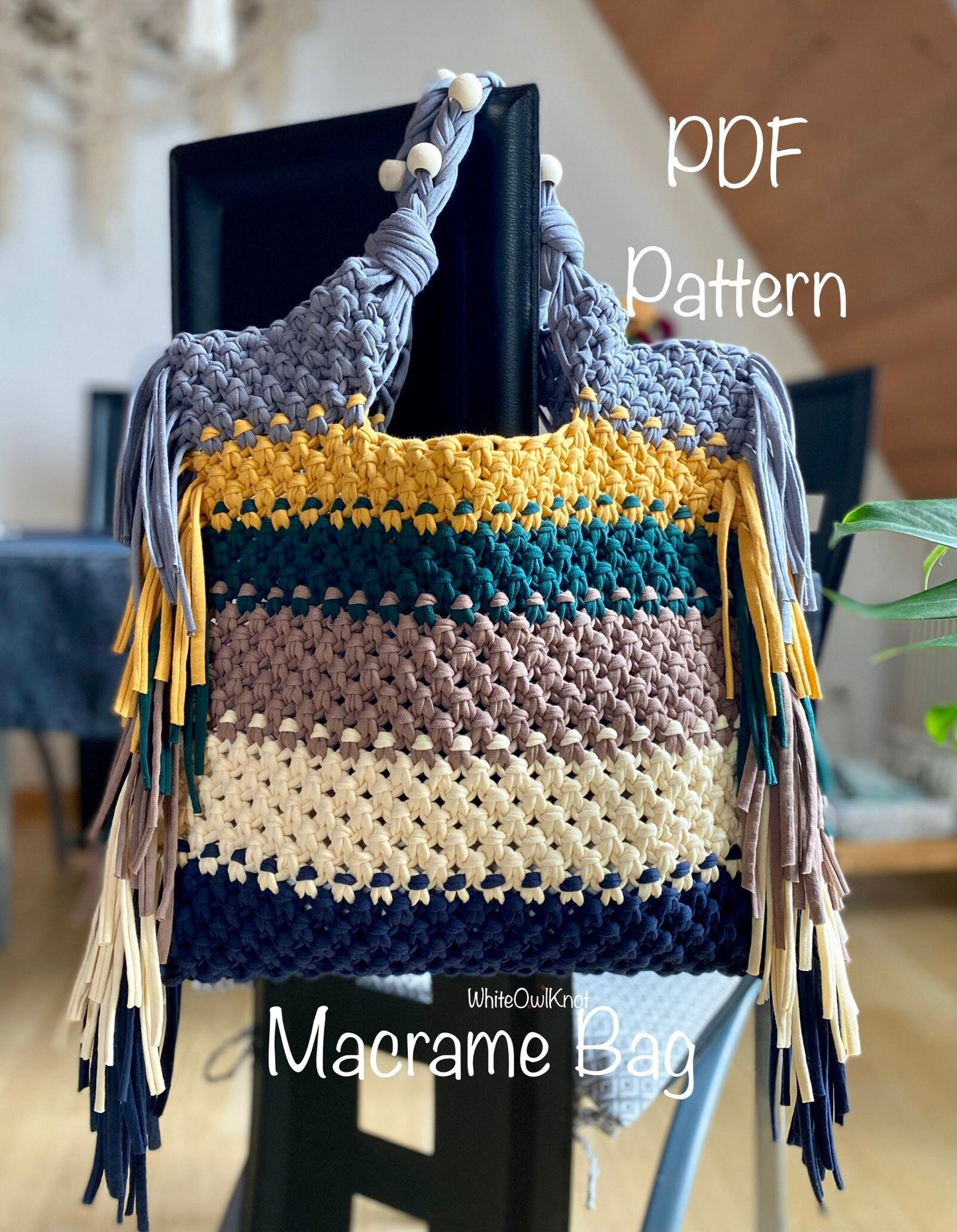 Macrame bag with colorful patterns on a stand, labeled 'PDF Pattern' and 'Macrame Bag'.