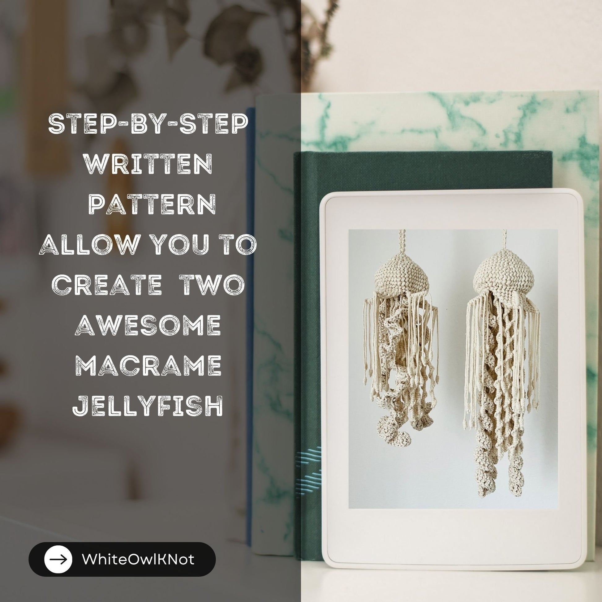 Macrame jellyfish decor on a display card with text about a step-by-step pattern.