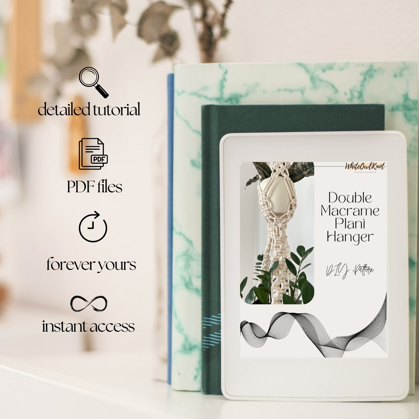 Ebook cover with text and images of a double macrame plant hanger on a blurred background