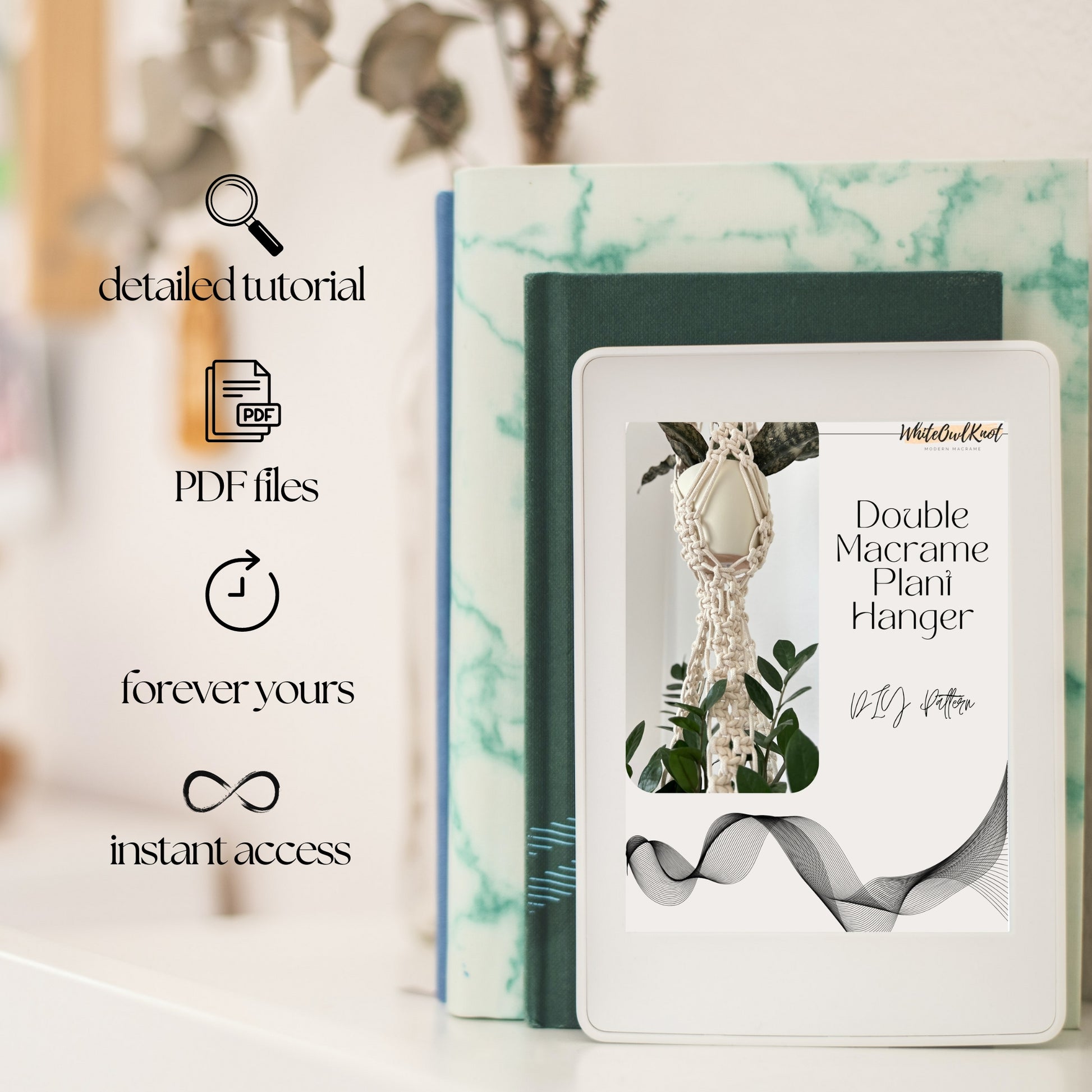 Ebook cover with text and images of a double macrame plant hanger on a blurred background