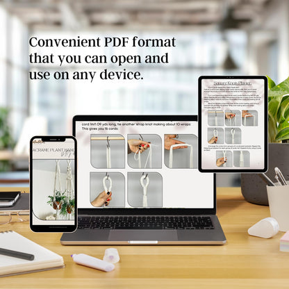 Laptop, smartphone, and tablet displaying PDFs on a desk with a blurred office background.