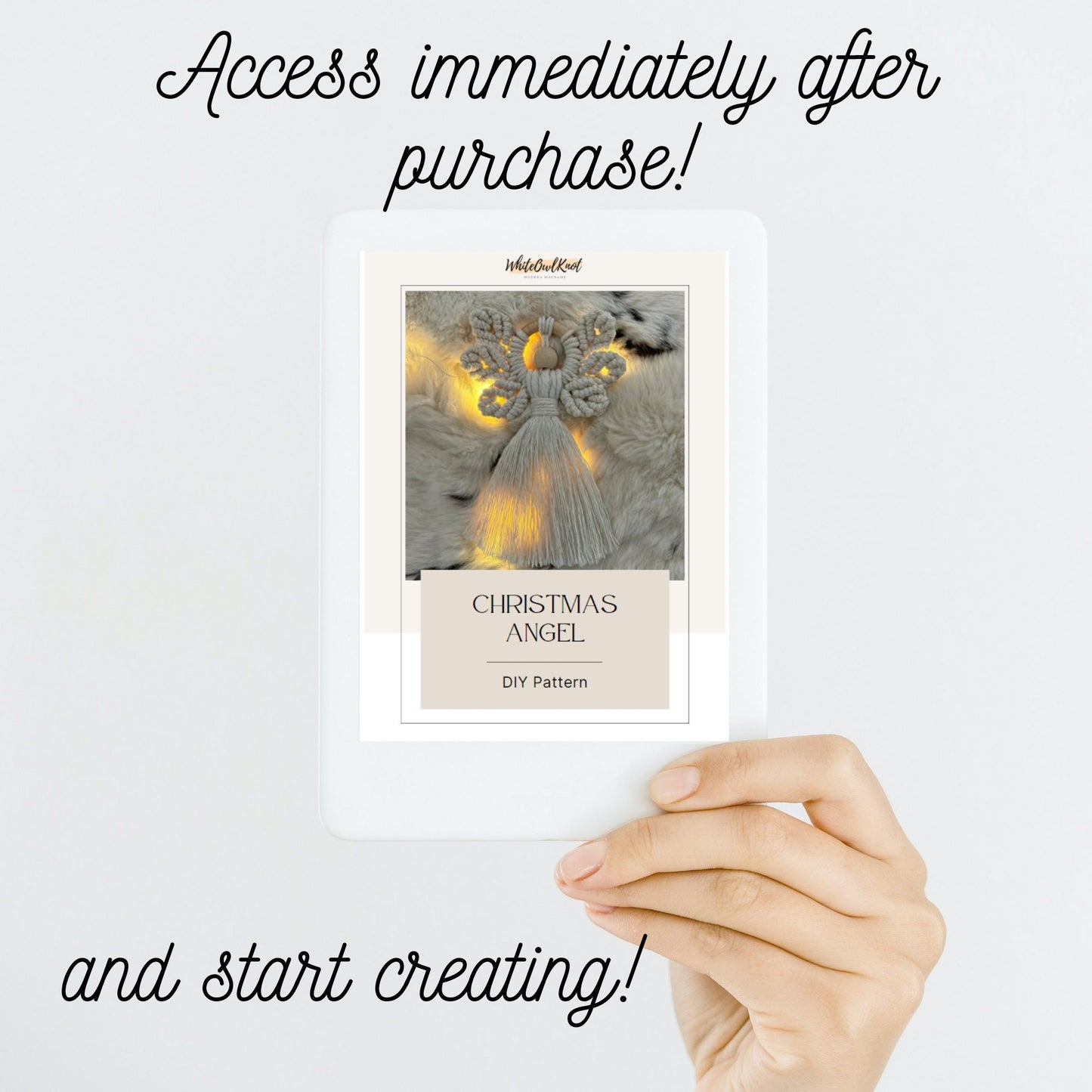 Hand holding a product packaging with text 'Access immediately after purchase! and start creating!' on a white background