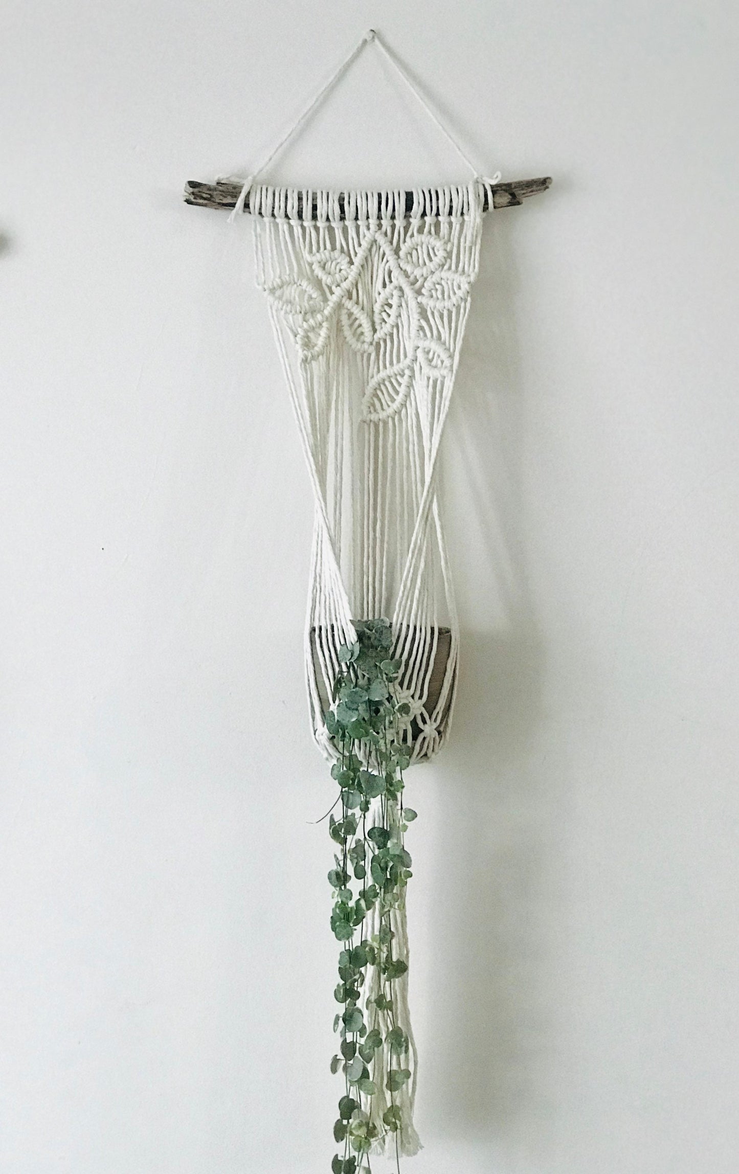 Macrame wall hanging with green beads on a white background