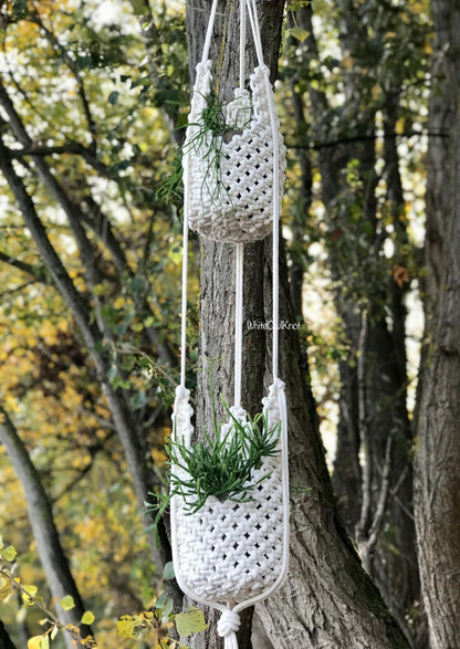 Macrame plant hangers with plants hanging from a tree