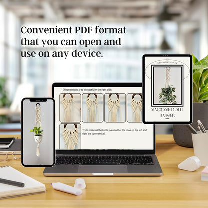 Laptop, smartphone, and tablet displaying a PDF on a desk with a blurred office background.